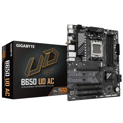 Gigabyte B650 UD AC, AMD AM5, PCI Express, MicroATX, 4xDDR5, 3xM.2 + SATA3 RAID, HDMI/DP, USB-C, 7.1 audio, GigaLAN, WiFi 5, Bluetooth 5.0, RGB Fusion