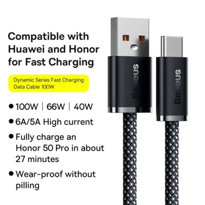 Baseus Dynamic Cable USB-A till USB-C, QuickCharge 100W 5A, 1m - Grå#3