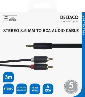Audio Kabel, 3.5mm Hane - 2xRCA Hane, 3m - Svart#3