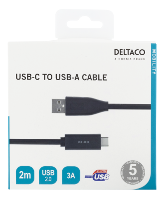 DELTACO USB-C till USB-A kabel, 2m, 3A, USB 2.0, svart#2