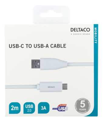 DELTACO USB-A till USB-C kabel, 2m, 3A, USB 2.0, vit#2