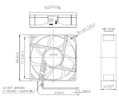 Fläkt 24V, 0,96W, 80 x 80 x 25 mm 56,1 m³/h 28 dBA, Sunon#2