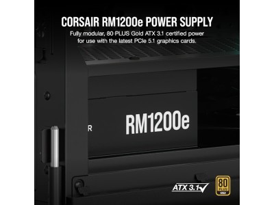 Corsair RM1200e (2025) 1200W, PCIe 5.1, ATX 3.1, 120 mm fläkt, 80PLUS Gold, semipassivt, löstagbara kablar - Svart#2