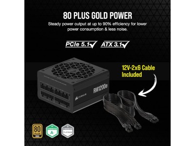 Corsair RM1200e (2025) 1200W, PCIe 5.1, ATX 3.1, 120 mm fläkt, 80PLUS Gold, semipassivt, löstagbara kablar - Svart#3