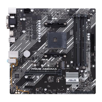 Asus PRIME A520M-A, AMD Socket AM4, A520, MicroATX, 4xDDR4, PCI Express, M.2 + SATA3 RAID, VGA/DVI/HDMI, 7.1-ljud, USB 3.1, GigaLAN#2