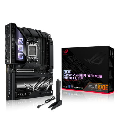 Asus ROG Crosshair X870E Hero BTF Edition, AMD Socket AM5, ATX, 4xDDR5, 3xPCI Express, 5xM.2 + SATA3 RAID, HDMI/2xUSB4, ROG SupremeFX 7.1 audio, 5GbE+2.5GbE LAN, WiFi 7, Bluetooth 5.4, Aura Sync RGB