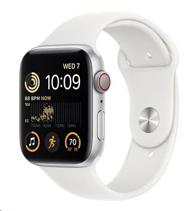 Apple Watch SE GPS + Cellular, 44mm Silver Aluminiumboett med Vit Sportband