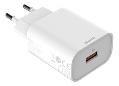 Deltaco USB wall charger, 1x USB-A, fast charging 18 W - Vit