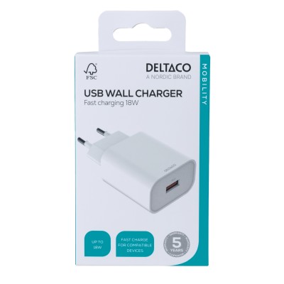 Deltaco USB wall charger, 1x USB-A, fast charging 18 W - Vit#4