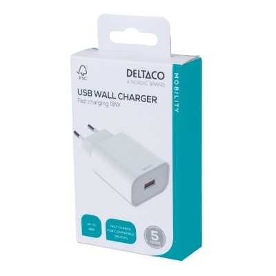 Deltaco USB wall charger, 1x USB-A, fast charging 18 W - Vit#5