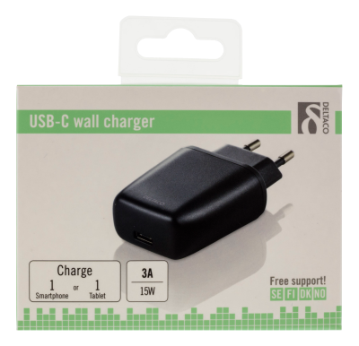 Väggladdare Deltaco 230V till 5V USB-C, 3A/15W, 1xUSB-C - Svart#2