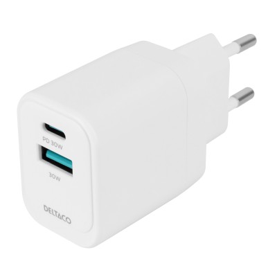 Deltaco USB GaN wall charger 1x USB-A 18, W 1x USB-C PD 30 W, PPS