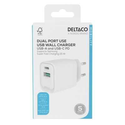 Deltaco USB GaN wall charger 1x USB-A 18, W 1x USB-C PD 30 W, PPS#4