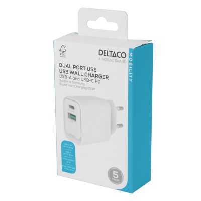 Deltaco USB GaN wall charger 1x USB-A 18, W 1x USB-C PD 30 W, PPS#5