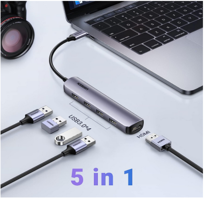 Ugreen Hub 5-i-1 Multiport Adapter USB-C, 4xUSB-A 3.0, 1xHDMI 4K, för Pc/Mac, UTG, Aluminium#2